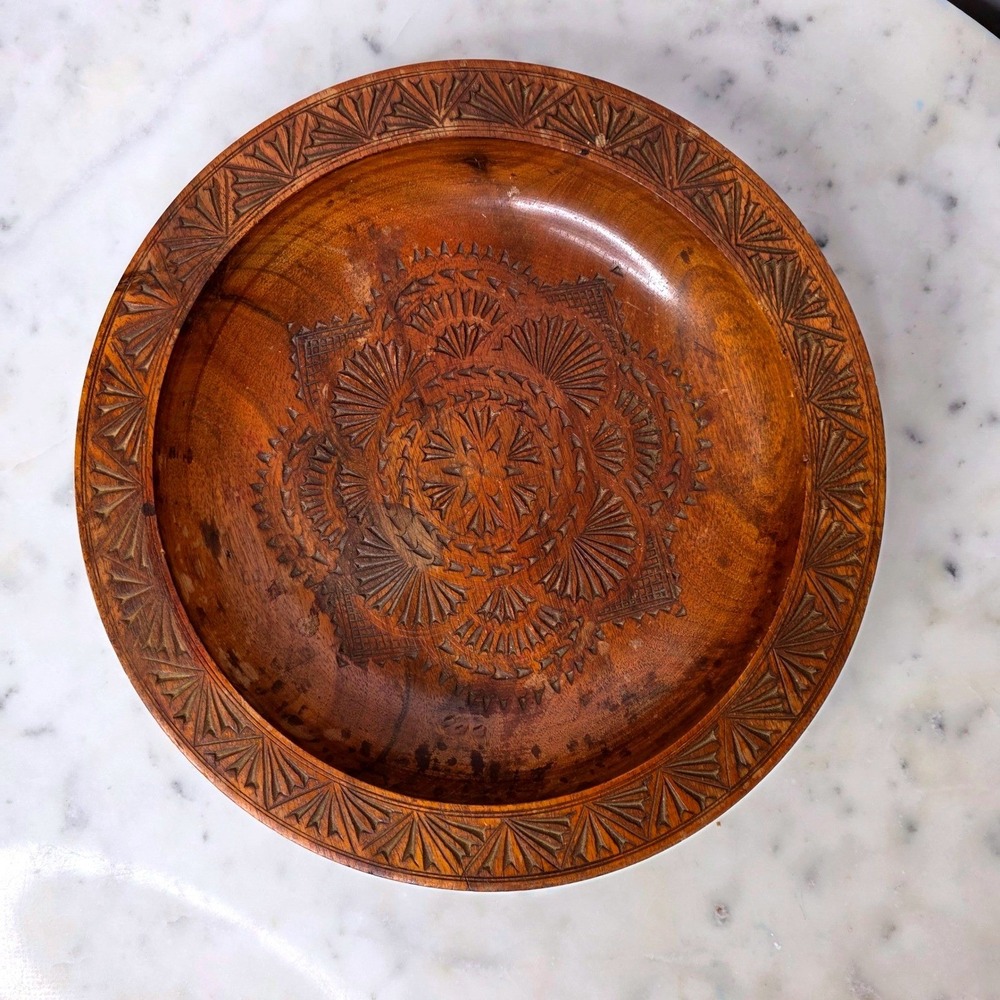 Hand Carved Wood Mandala Bowl Geometric Chip Carved Decor Round Tray 11.5in Boho